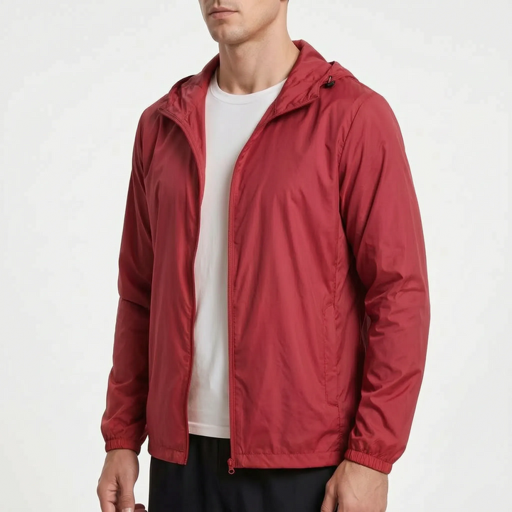 Men's packable jacket in Red, worn, front view