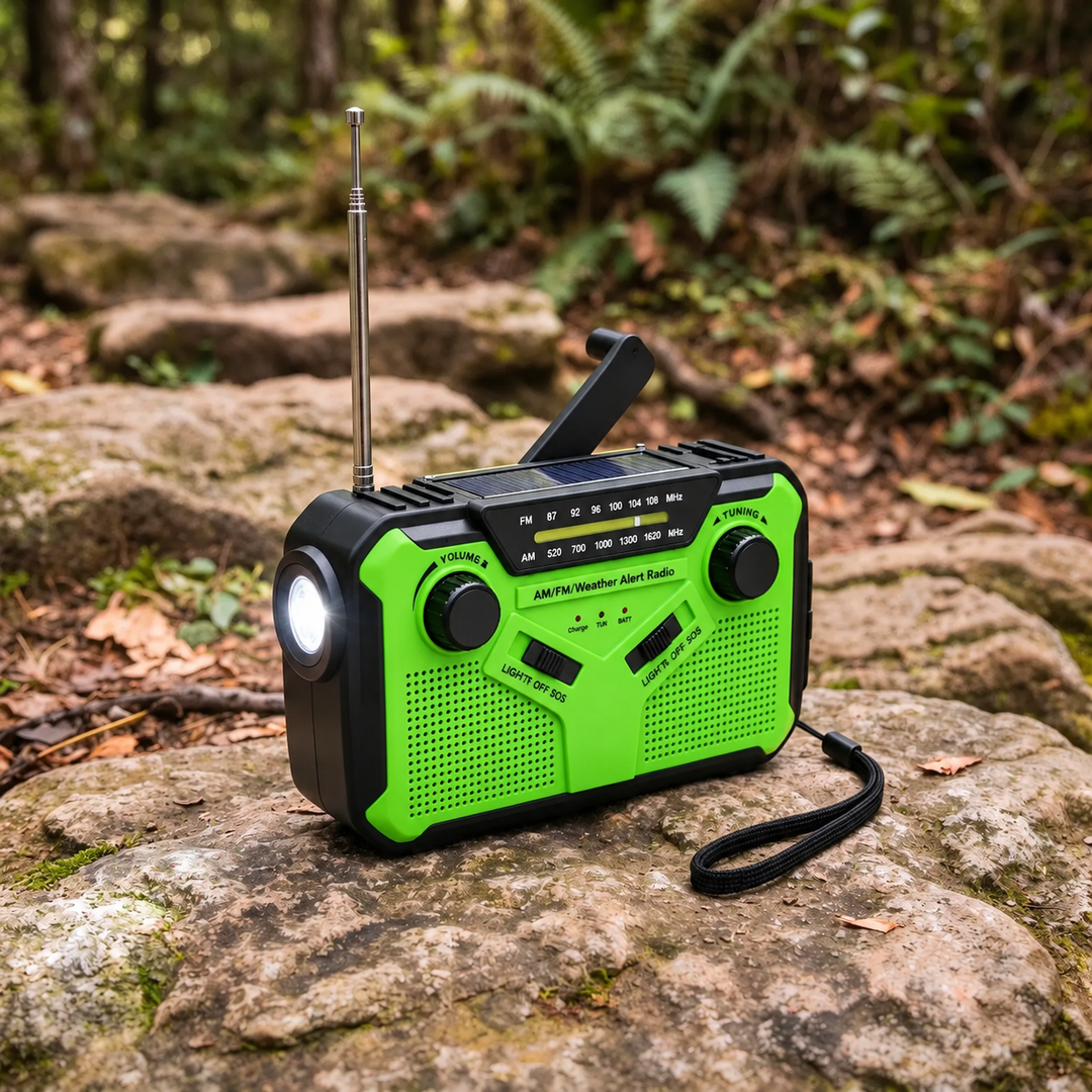 Green wind up radio with AM FM dial and hand crank on a rock