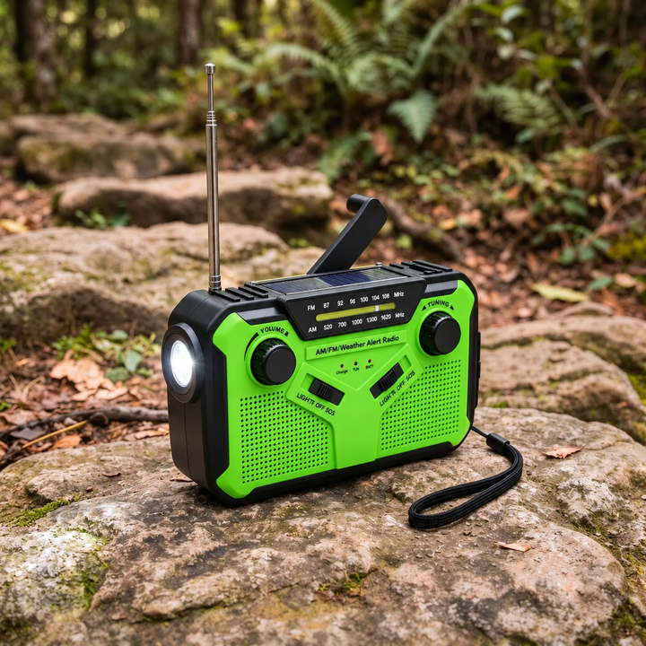 Green wind up radio with AM FM dial and hand crank on a rock