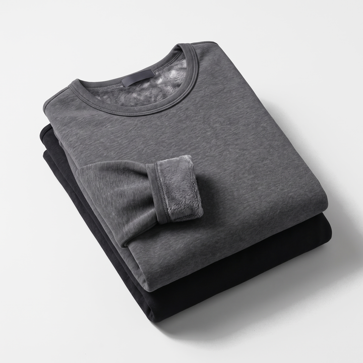 Dark Gray and Black thermal shirts folded, showing the fleece lining