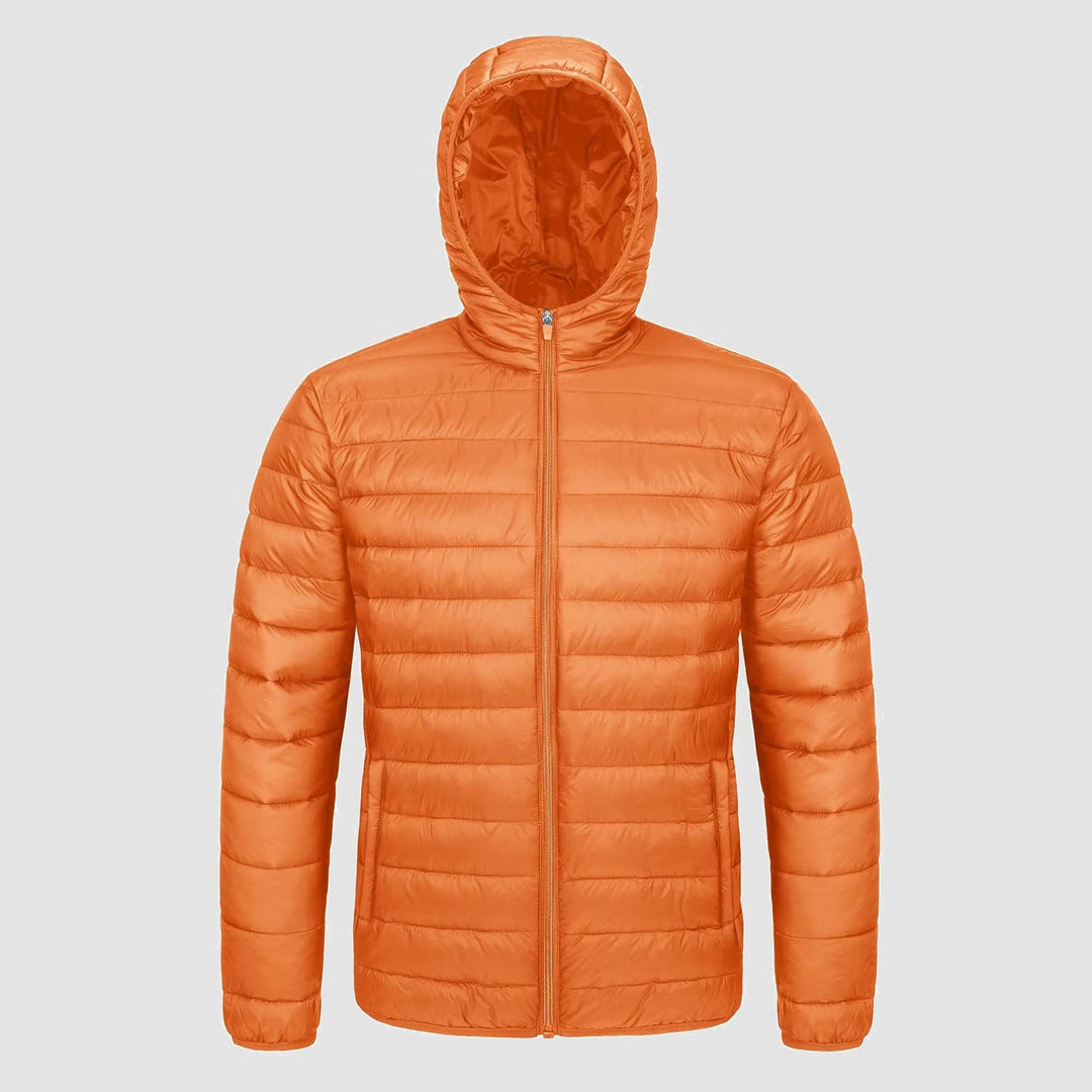 Men's hooded puffer jacket in Orange, front view