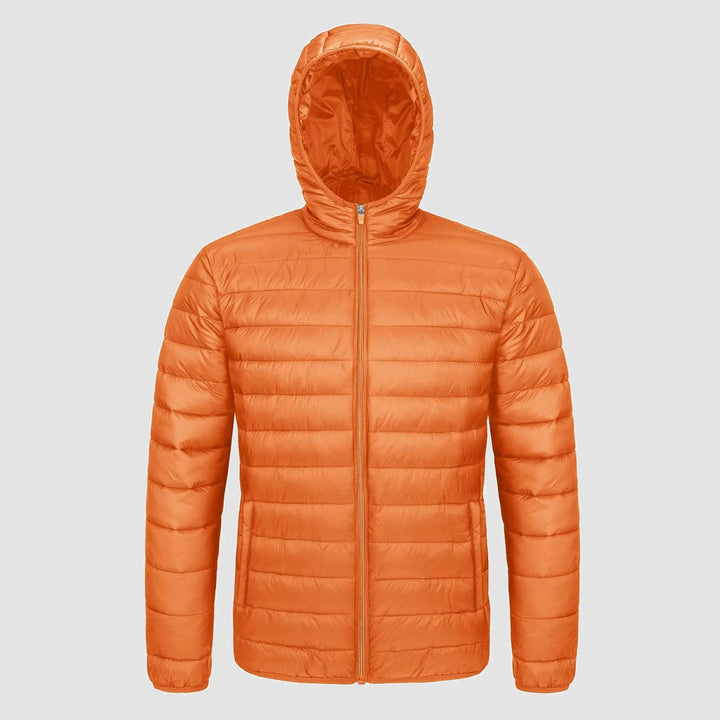 Men's hooded puffer jacket in Orange, front view