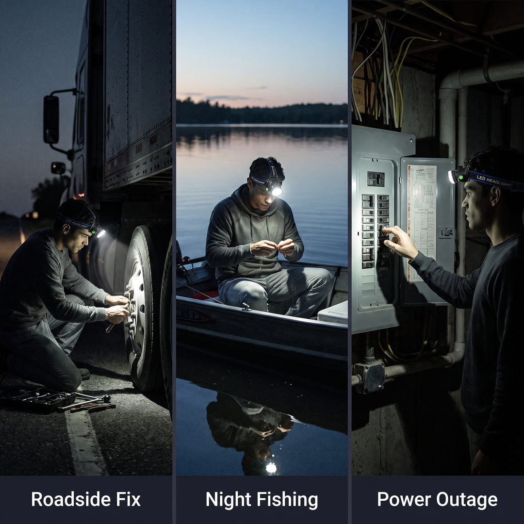 Headlamp in use for a roadside tire change, night fishing and a power outage