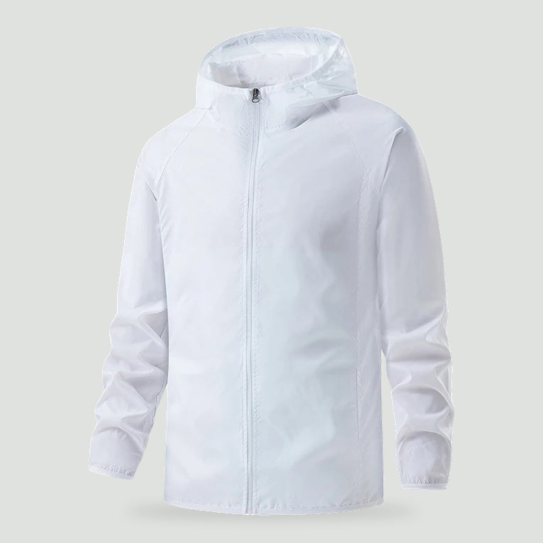 Lightweight rain jacket with hood in White, front view