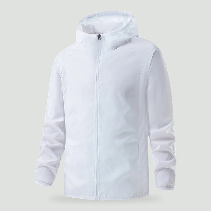 Lightweight rain jacket with hood in White, front view