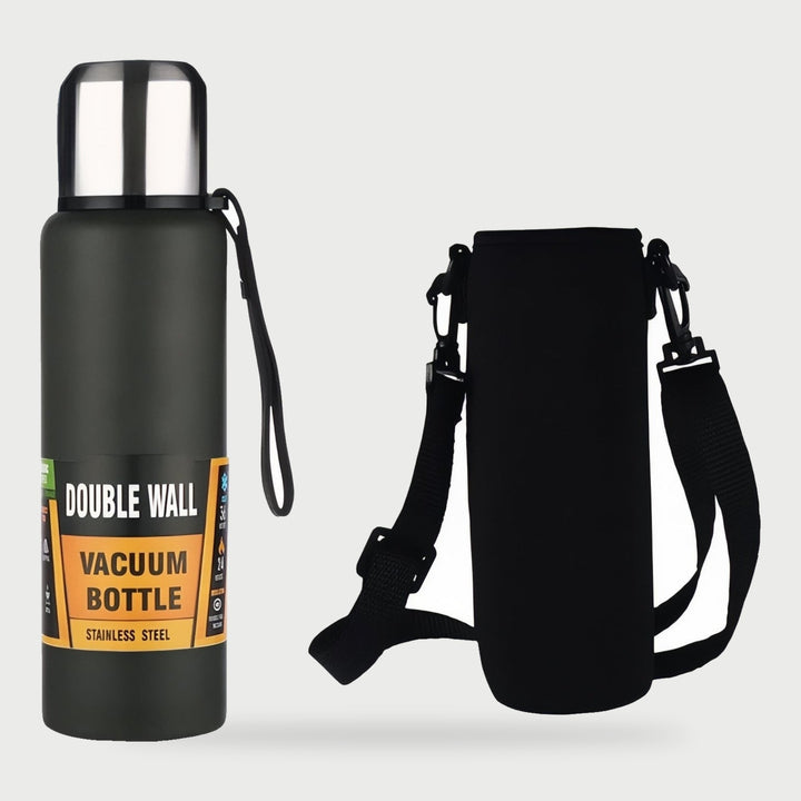 Black stainless steel thermos with carry bag and shoulder strap