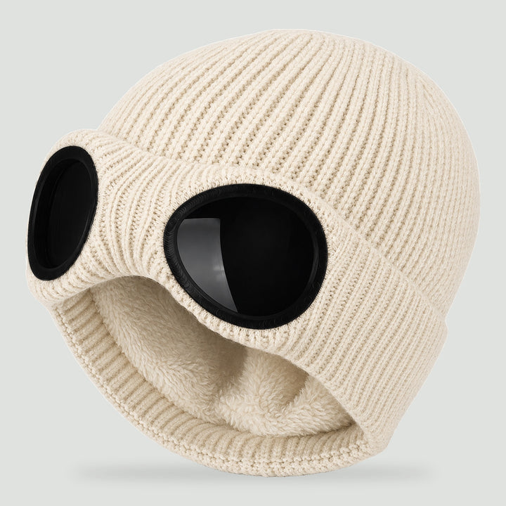 Goggle beanie in Cream with built-in lenses