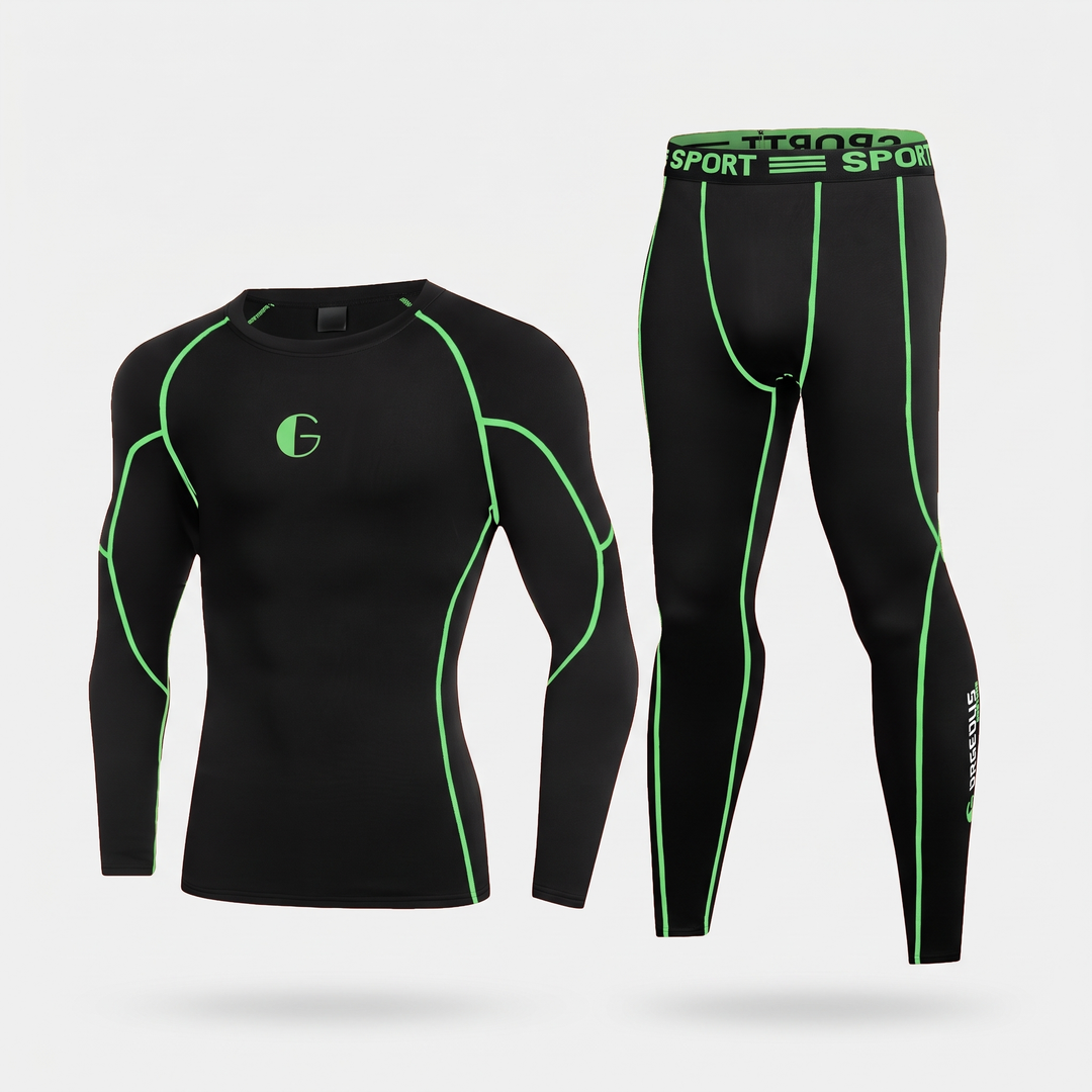 Men's leggings and long sleeve top set in Black/Green with green contrast piping