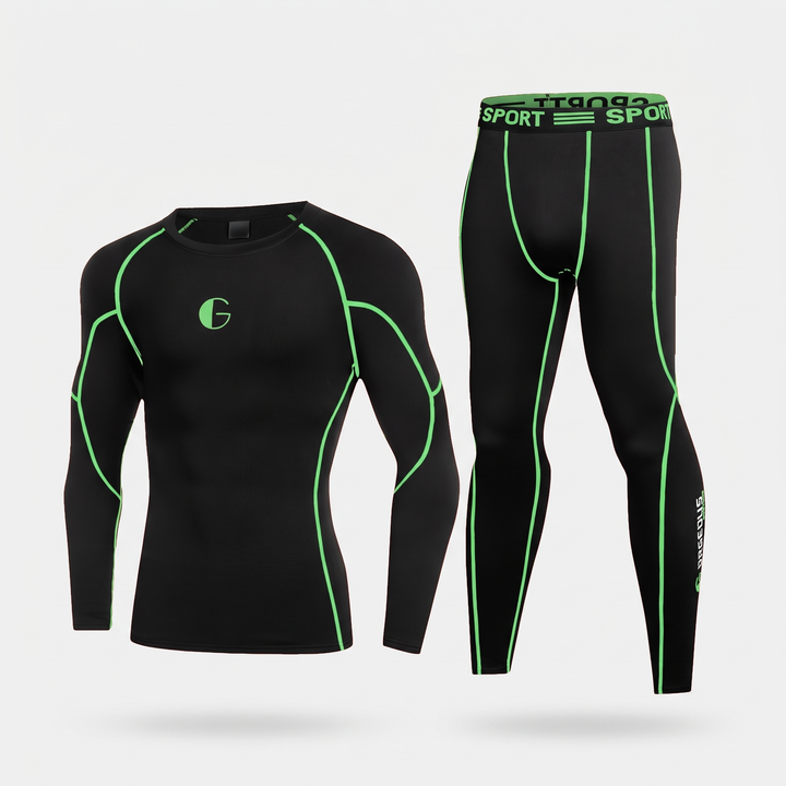 Men's leggings and long sleeve top set in Black/Green with green contrast piping