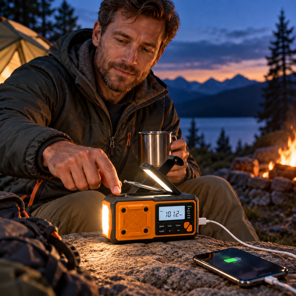 Man charging his phone from the AM FM emergency radio at camp