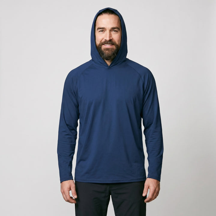 Men's UPF 50+ Sun Hoodie – Quick-Dry Polyester UV Top with Thumb Loops for Hiking and Fishing