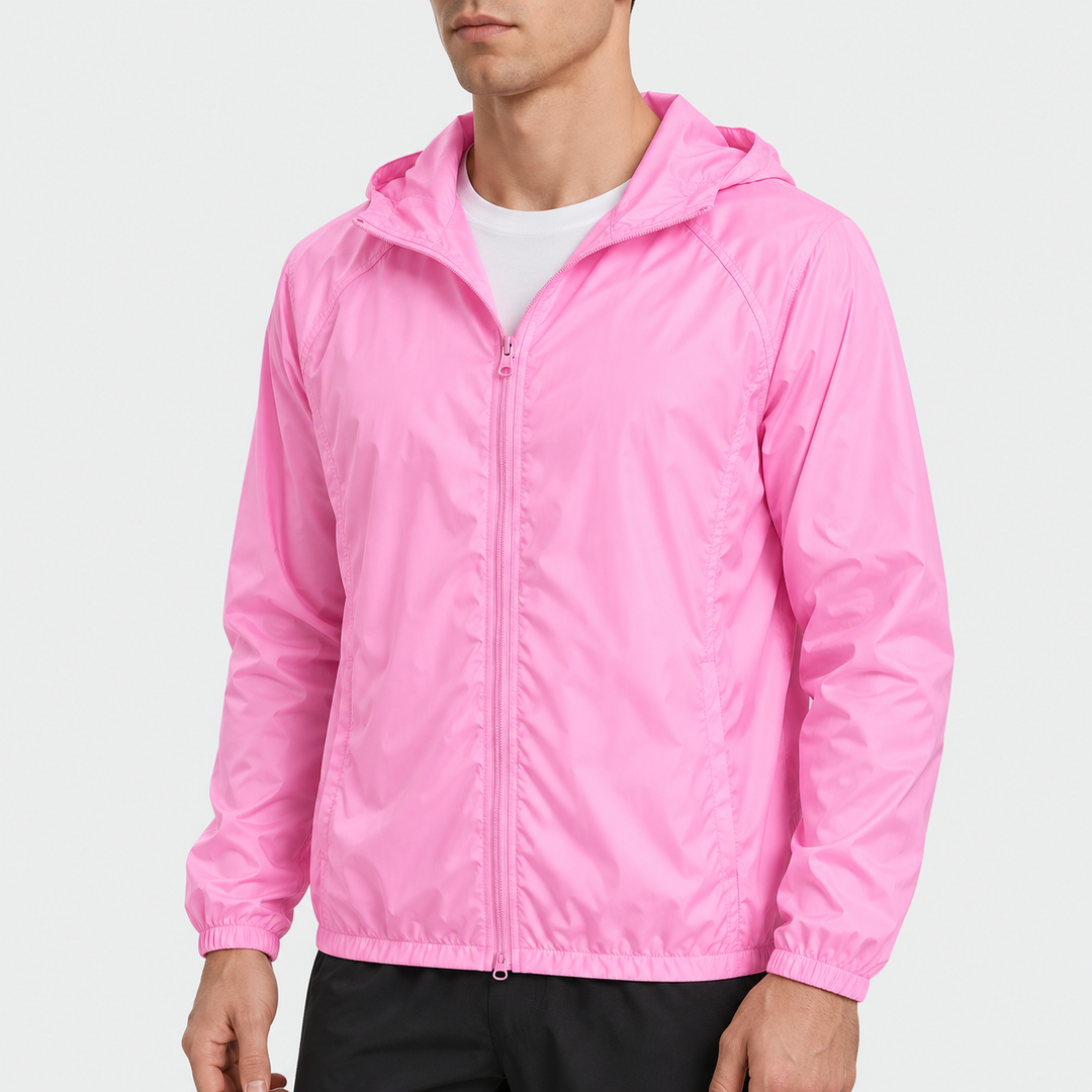 Men's packable jacket in Rose Pink, worn, front view