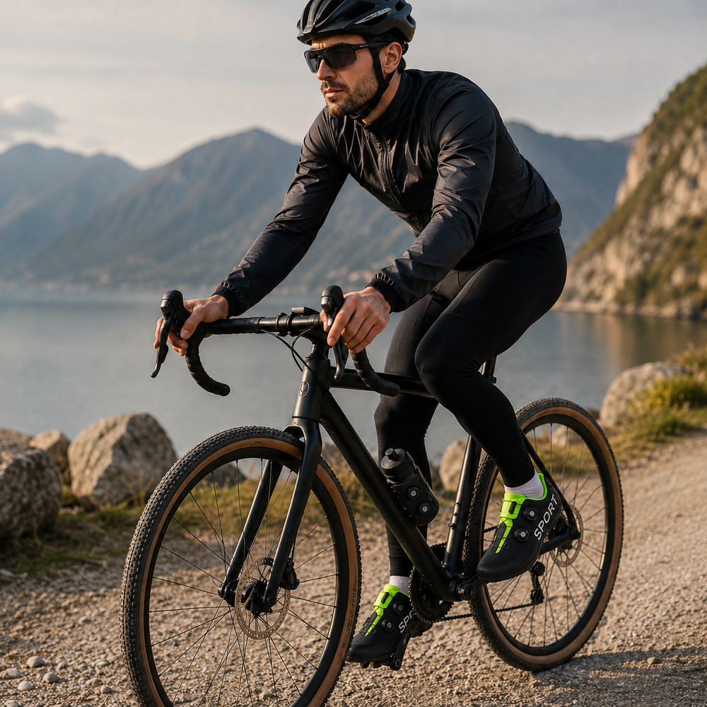 Rider on a gravel road wearing the flat pedal cycling shoes in Black Green