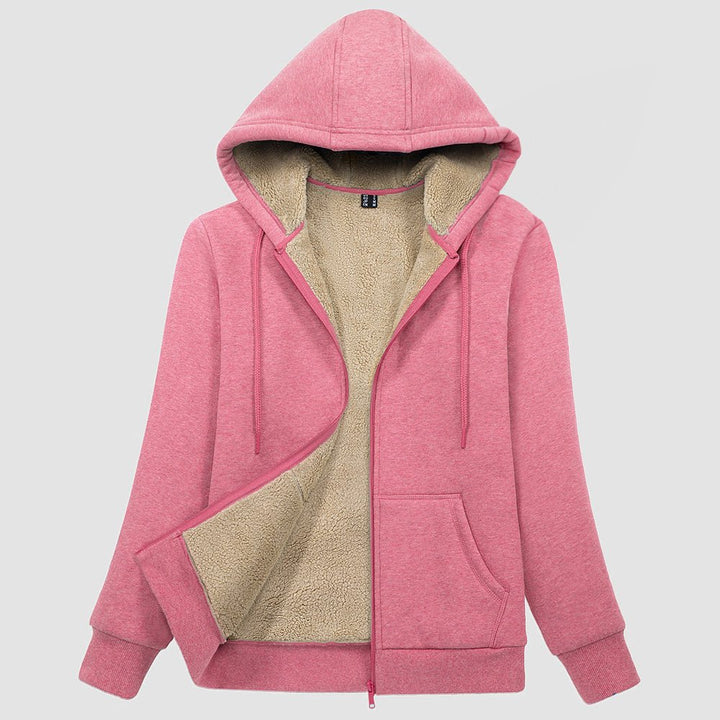 Women's sherpa lined zip up hoodie in Pink, front view