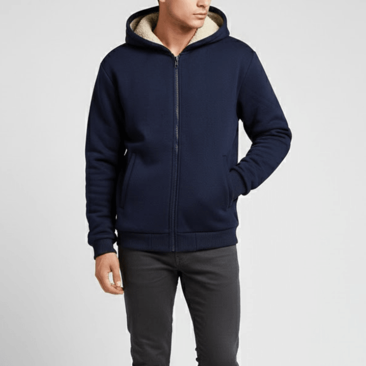 Man wearing the men's sherpa hoodie in Navy