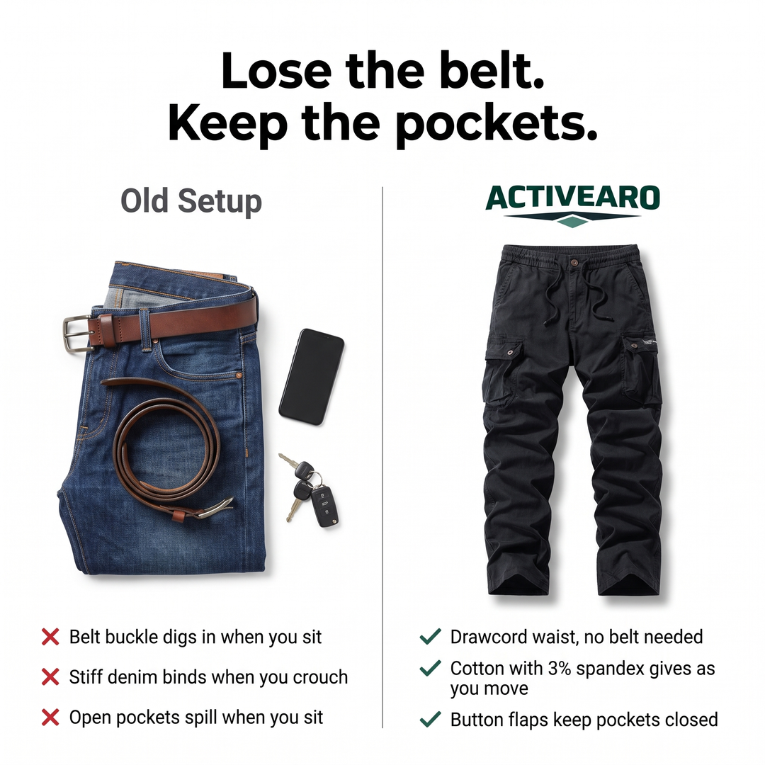 Comparison of stiff jeans with a belt versus Activearo elastic waist cotton cargo pants