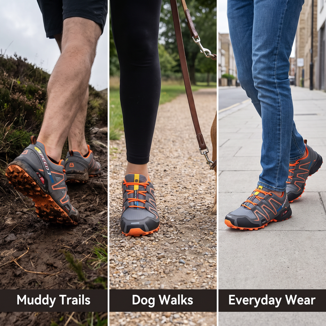 Activearo trail shoes lifestyle triptych - muddy trails, dog walks, everyday streets