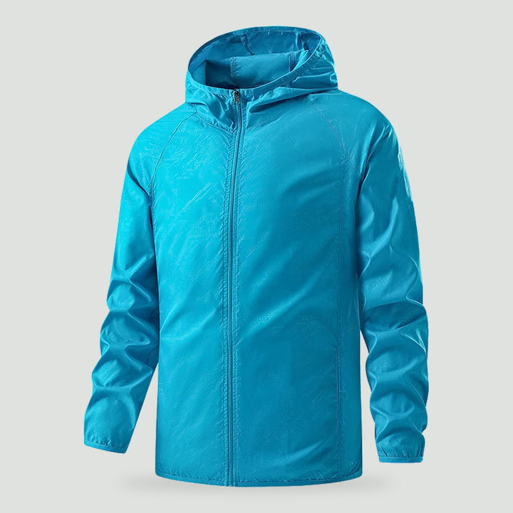 Lightweight rain jacket with hood in Light Blue, front view