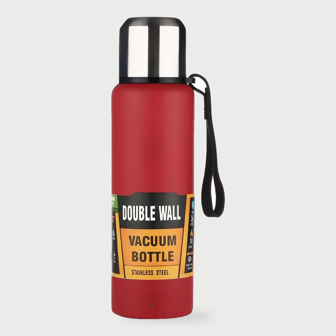 Red stainless steel thermos with carry strap