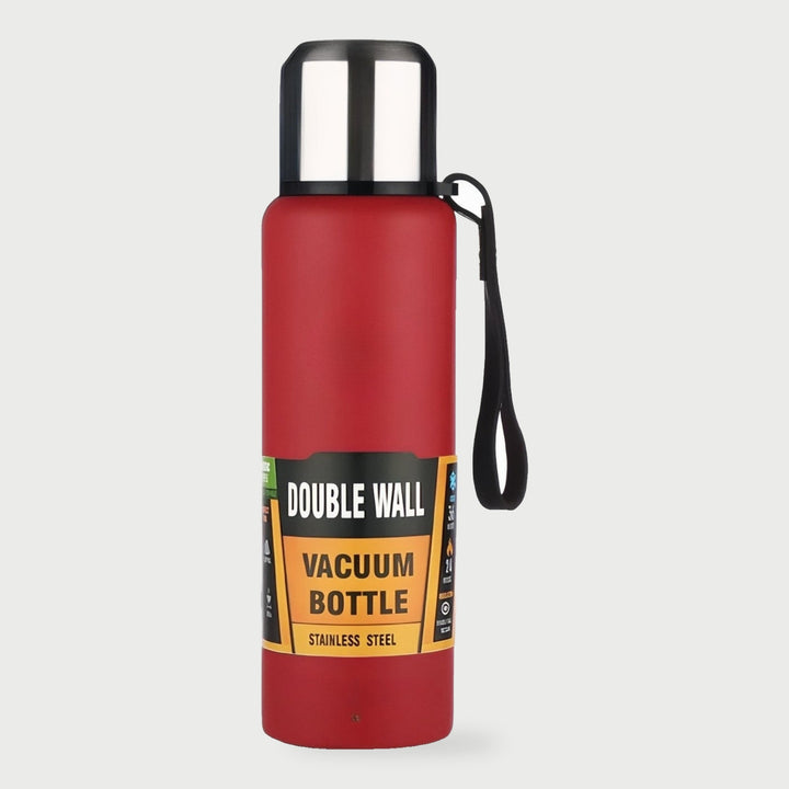 Red stainless steel thermos with carry strap
