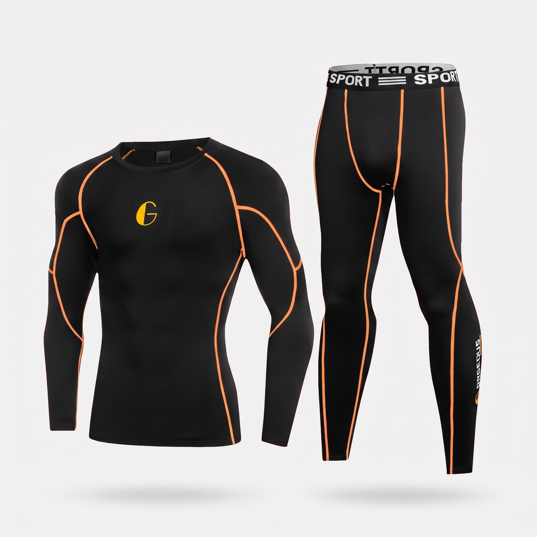 Men's leggings and long sleeve top set in Black/Orange with orange contrast piping