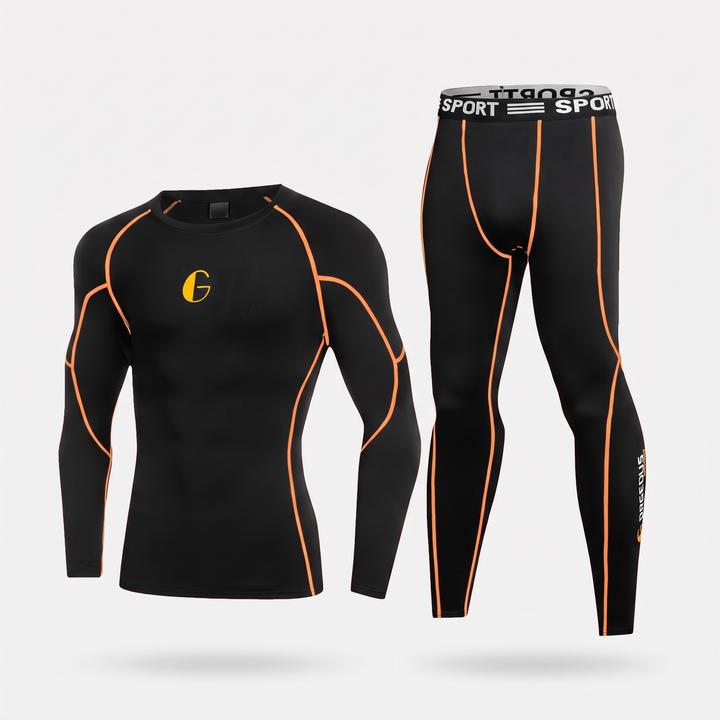 Men's leggings and long sleeve top set in Black/Orange with orange contrast piping
