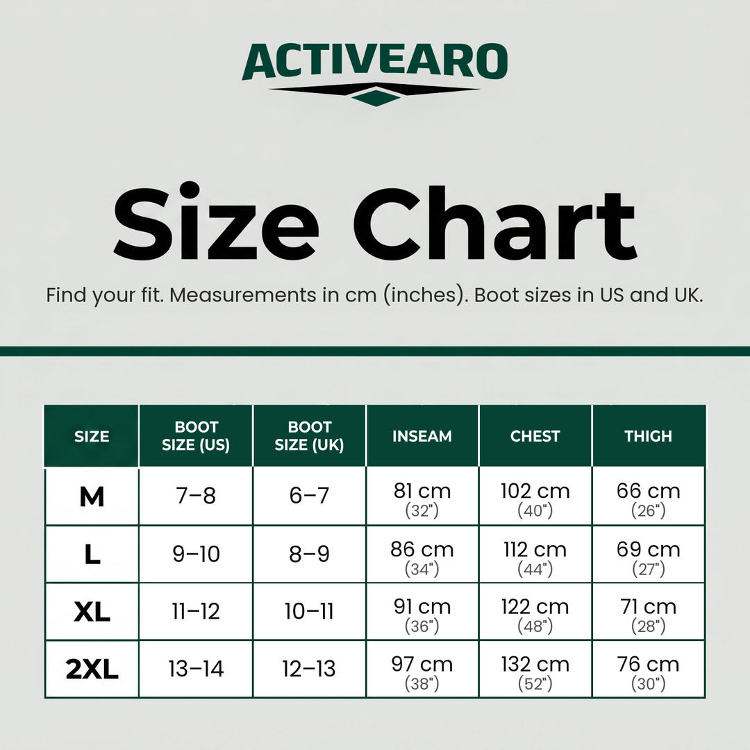 Fishing waders size chart: boot size in US and UK, inseam, chest and thigh in cm and inches, sizes M to 2XL