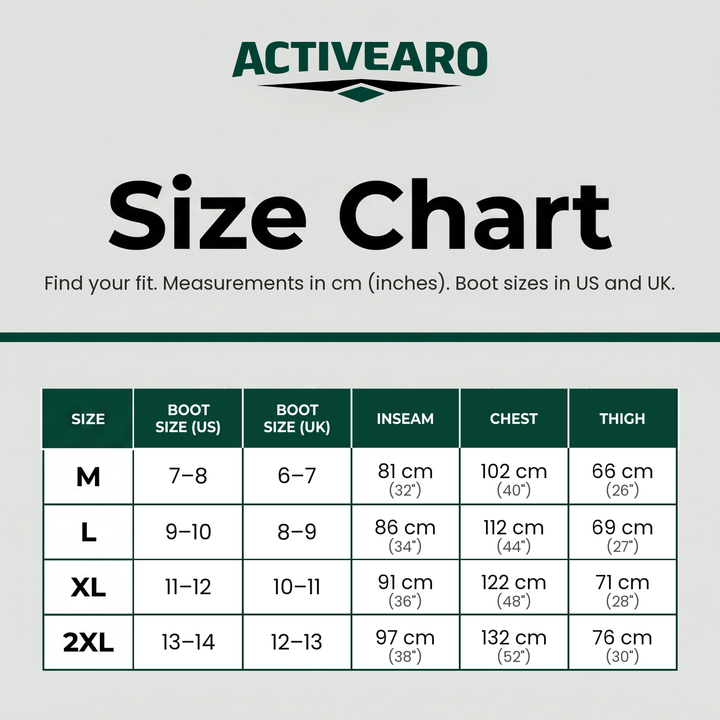 Fishing waders size chart: boot size in US and UK, inseam, chest and thigh in cm and inches, sizes M to 2XL