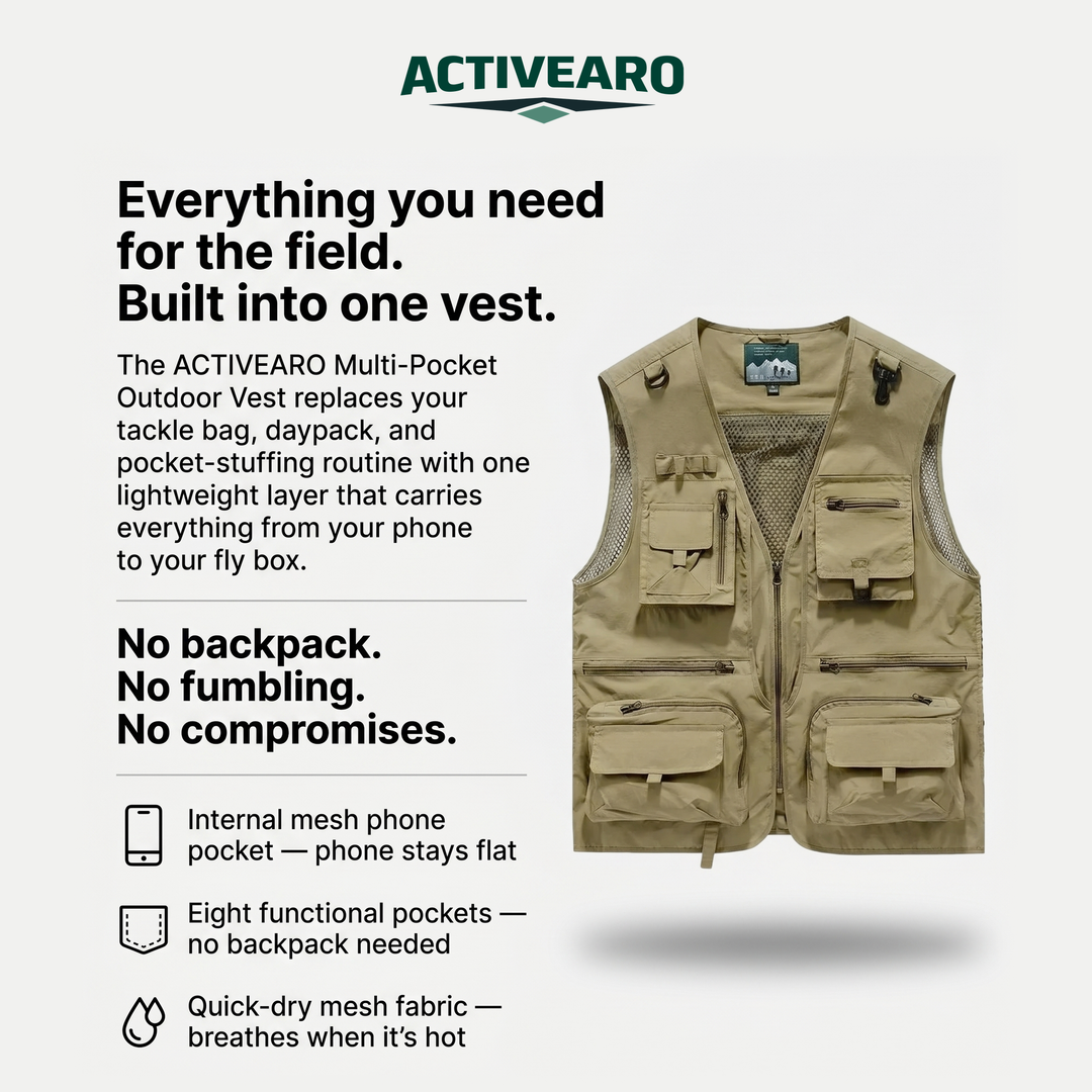 Multi-pocket outdoor vest features - mesh phone pocket, eight pockets, quick-dry mesh