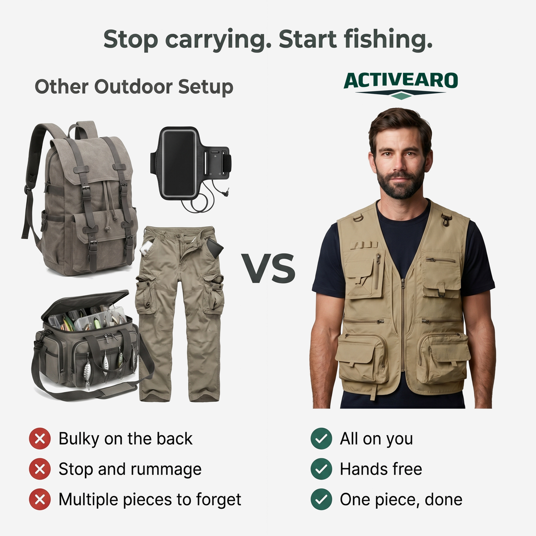 Multi-pocket vest vs backpack, armband and tackle bag