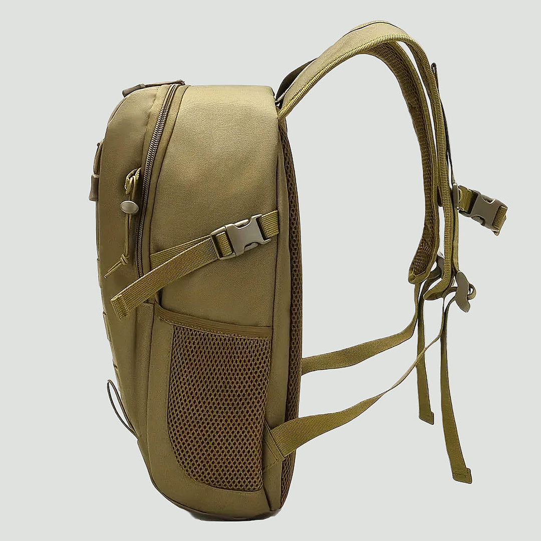 Side view of the khaki small tactical backpack showing the mesh side pocket, compression strap and padded shoulder straps