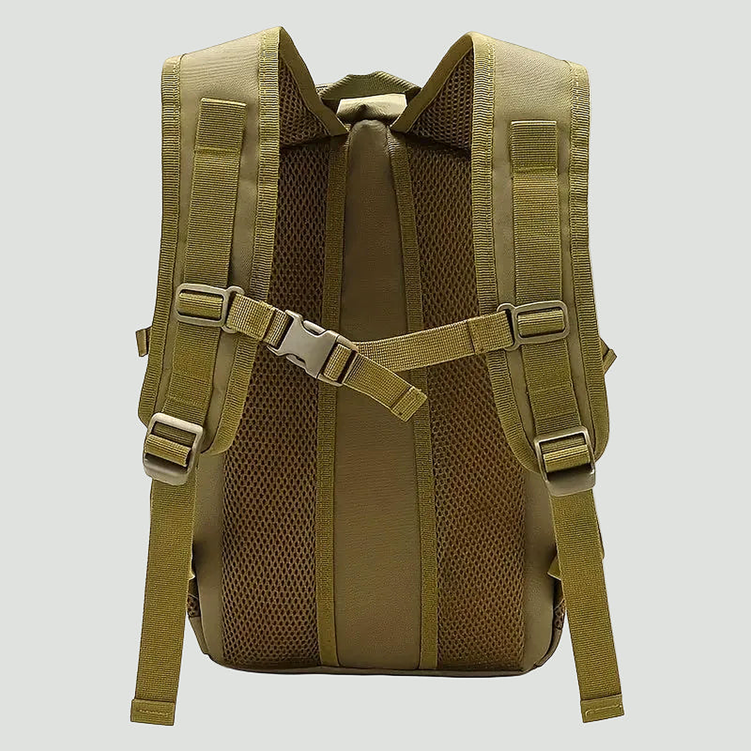 Back view of the khaki small tactical backpack showing the mesh back panel, padded shoulder straps and sternum strap with buckle