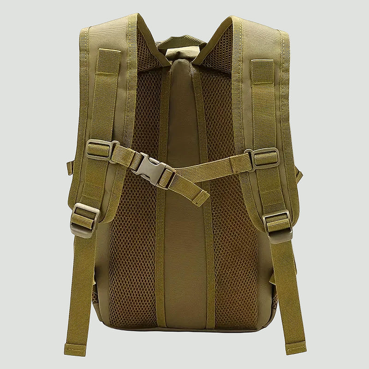 Back view of the khaki small tactical backpack showing the mesh back panel, padded shoulder straps and sternum strap with buckle