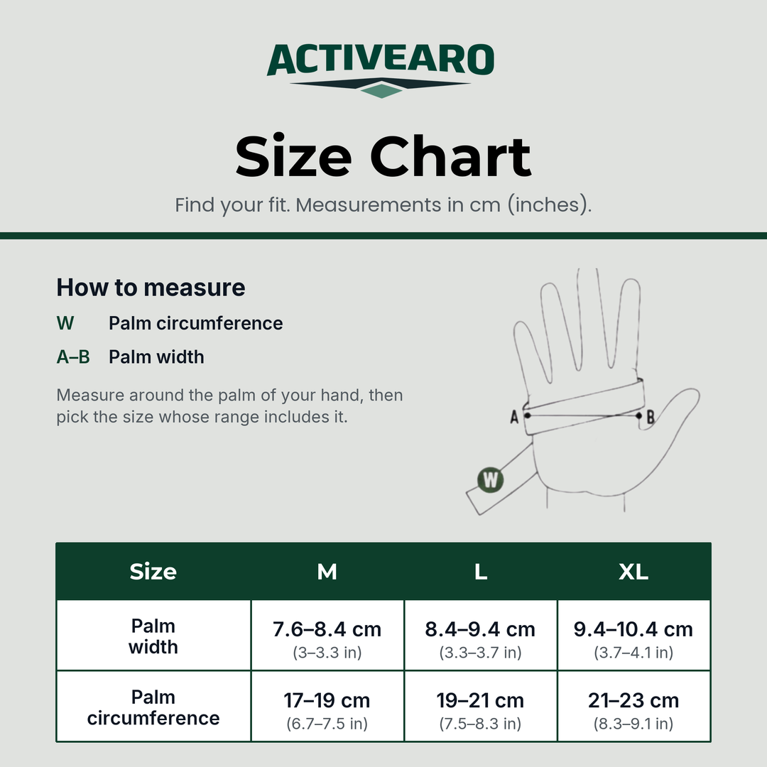 Fingerless fishing gloves size chart: palm width and palm circumference in cm and inches for sizes M, L and XL