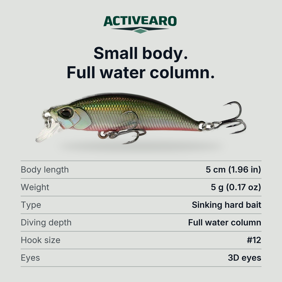 Minnow fishing lure specifications: body length 5 cm (1.96 in), weight 5 g (0.17 oz), sinking hard bait, full water column, hook size #12, 3D eyes