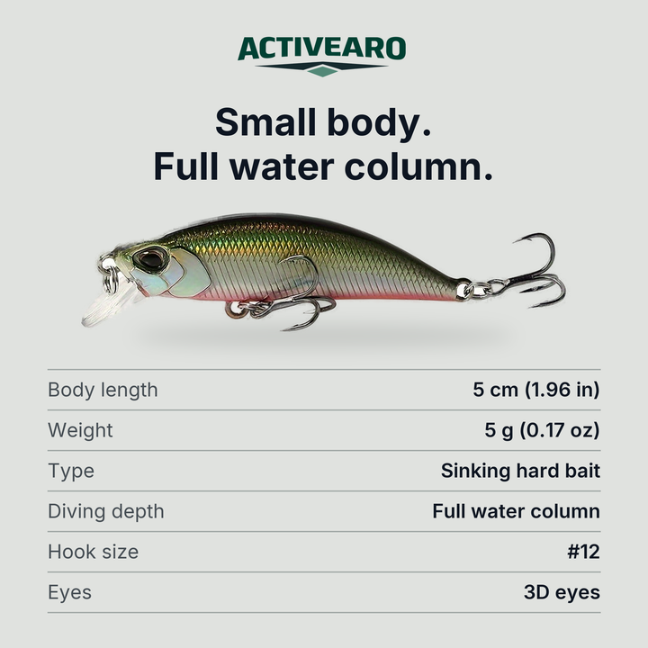 Minnow fishing lure specifications: body length 5 cm (1.96 in), weight 5 g (0.17 oz), sinking hard bait, full water column, hook size #12, 3D eyes