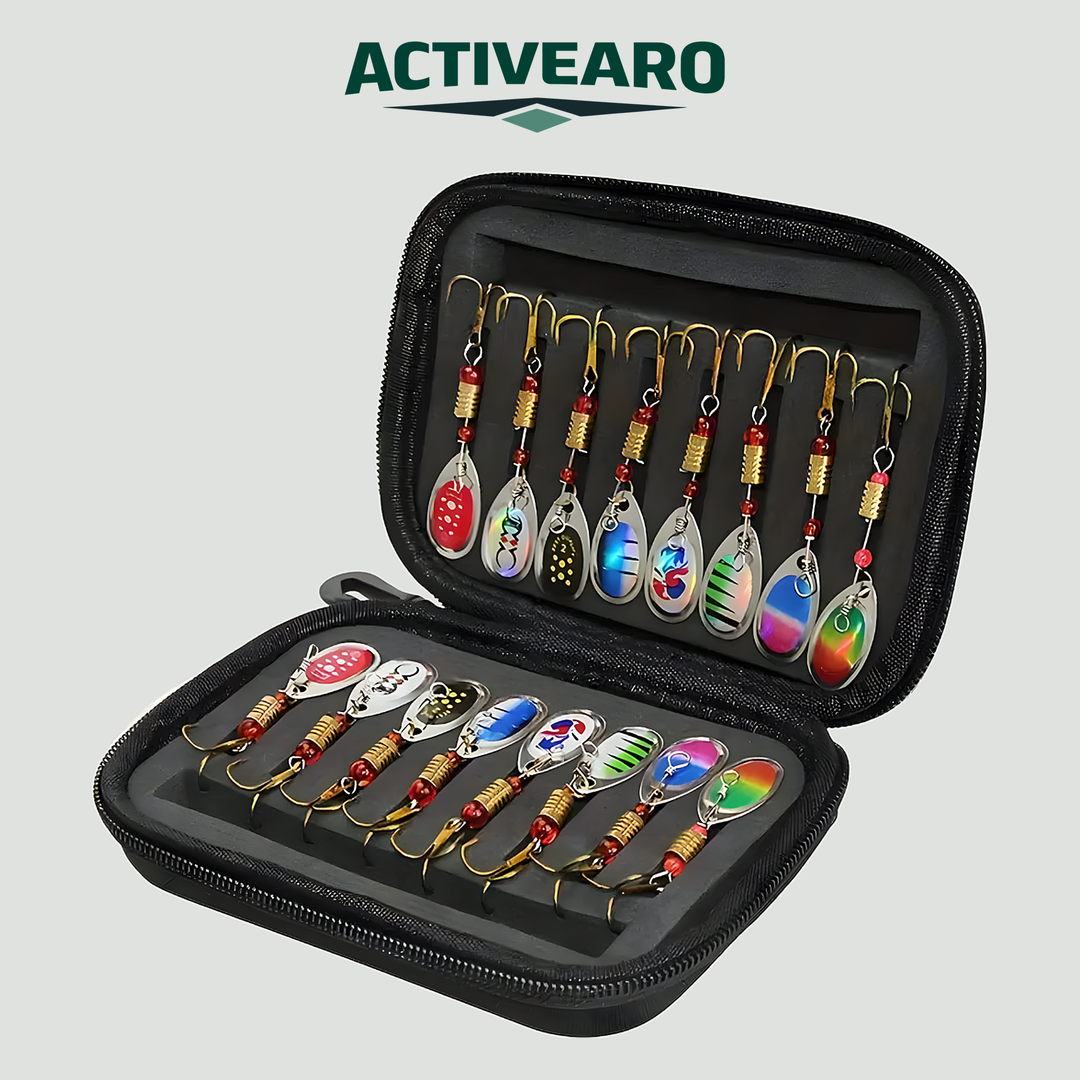 Activearo 16-piece spinner lure set in an open black zip case