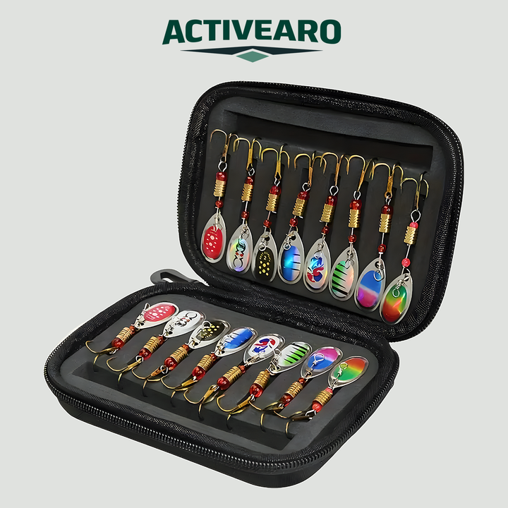 Activearo 16-piece spinner lure set in an open black zip case