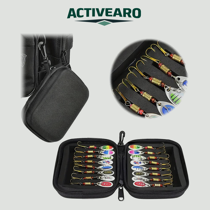 Zip lure case clipped to a bag, close-up of spinners in foam slots and the case opened flat