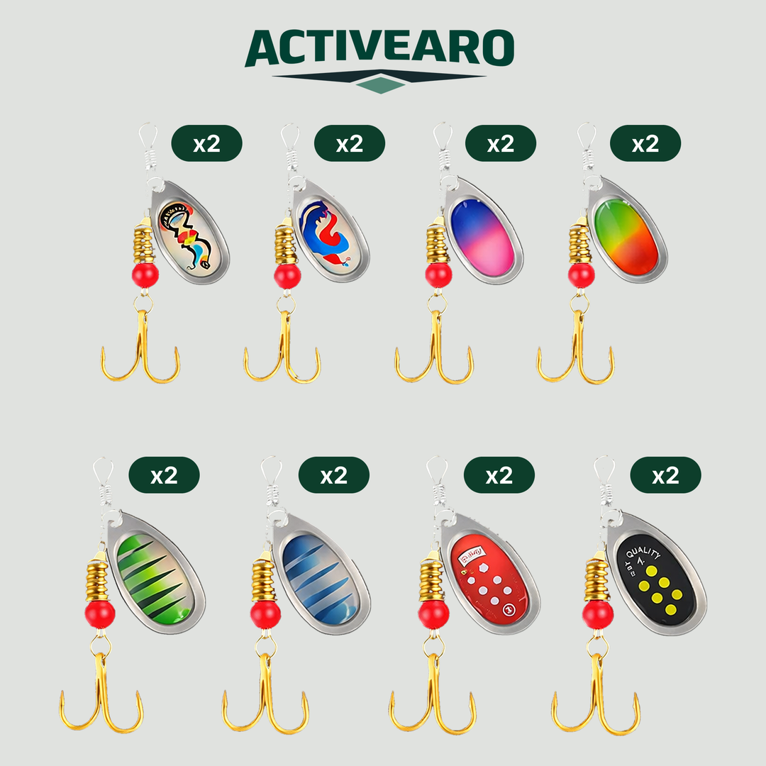 Eight spinner lure designs, two of each, with treble hooks