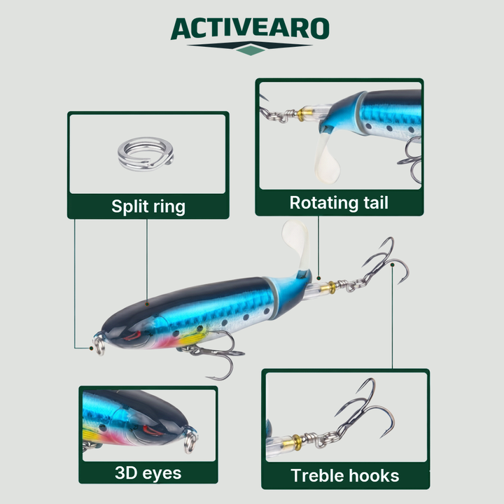 Topwater popper lure features: split ring, rotating tail, 3D eyes, treble hooks