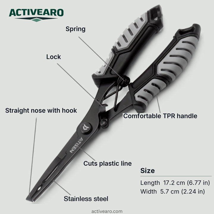 Fishing pliers features: spring, lock, straight nose with hook, comfortable TPR handle, cuts plastic line, stainless steel; length 17.2 cm (6.77 in), width 5.7 cm (2.24 in)
