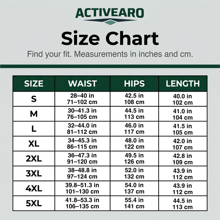 Men's weather-resistant outdoor pants size chart: waist, hips and length in cm and inches, sizes S to 5XL