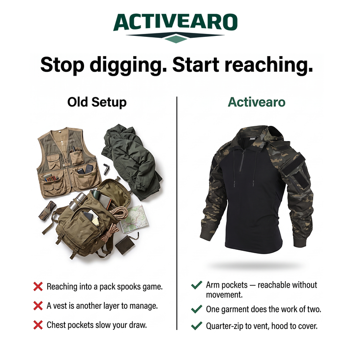 Comparison of a vest-and-pack setup against the Activearo hunting hoodie