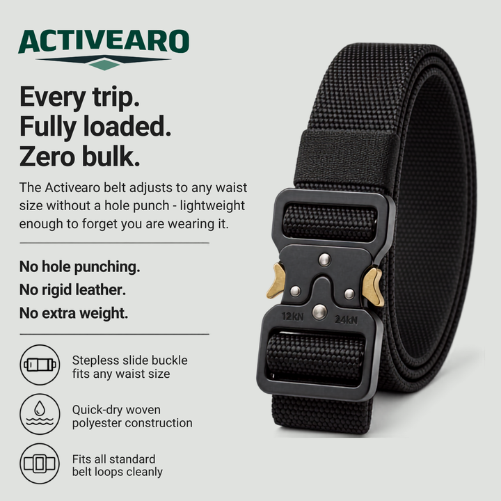 Activearo outdoor work belt: stepless slide buckle fits any waist size, quick-dry woven polyester, fits standard belt loops