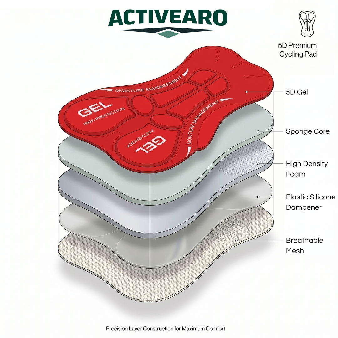 Activearo cycling pad layers: 5D gel, sponge core, high density foam, elastic silicone dampener, breathable mesh