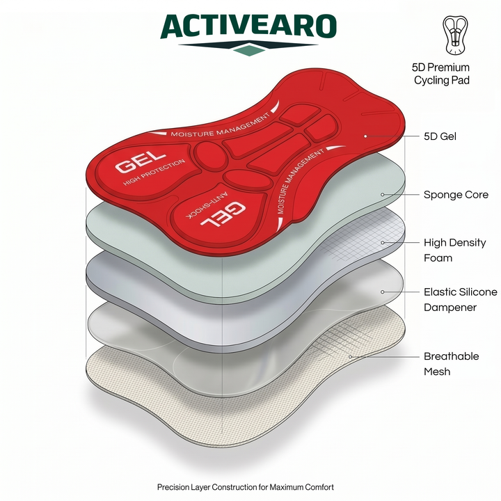 Activearo cycling pad layers: 5D gel, sponge core, high density foam, elastic silicone dampener, breathable mesh