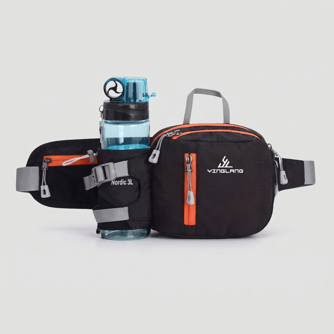 Black waist pack with water bottle holder, front view (water bottle not included)