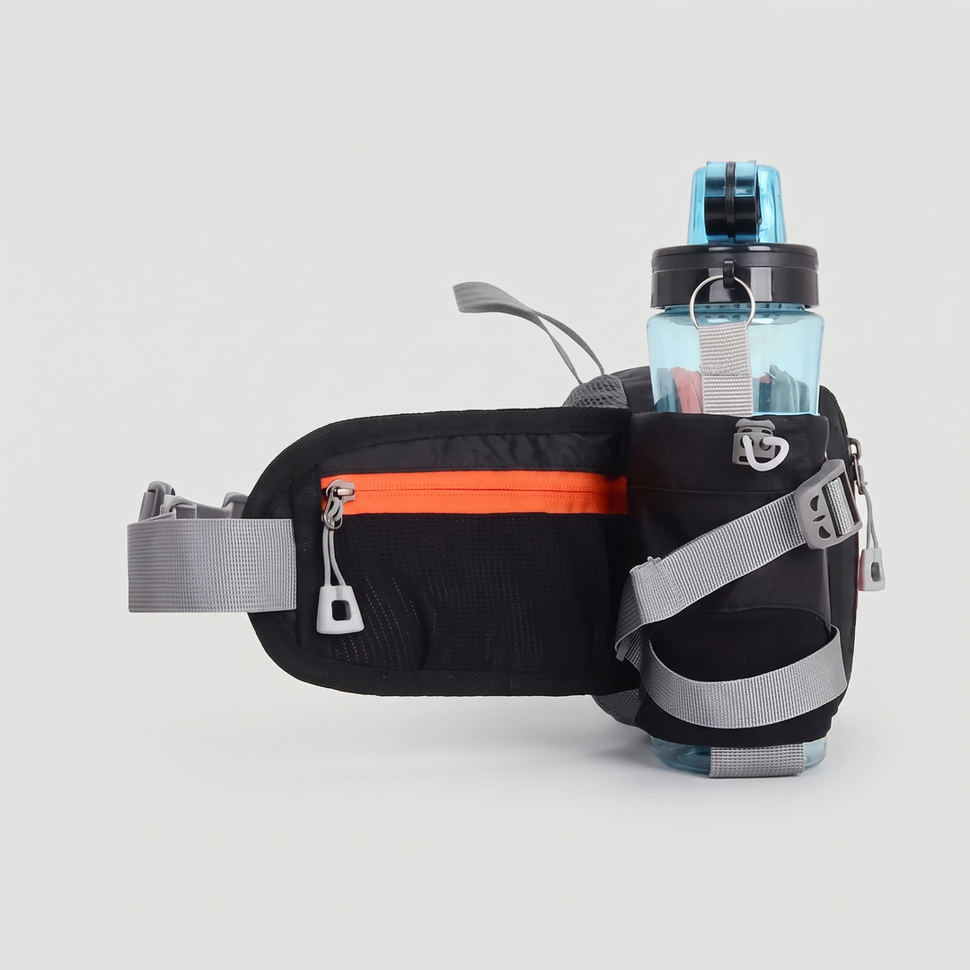 Black hiking waist pack side view showing the belt-wing zip pocket and strapped bottle sleeve (water bottle not included)
