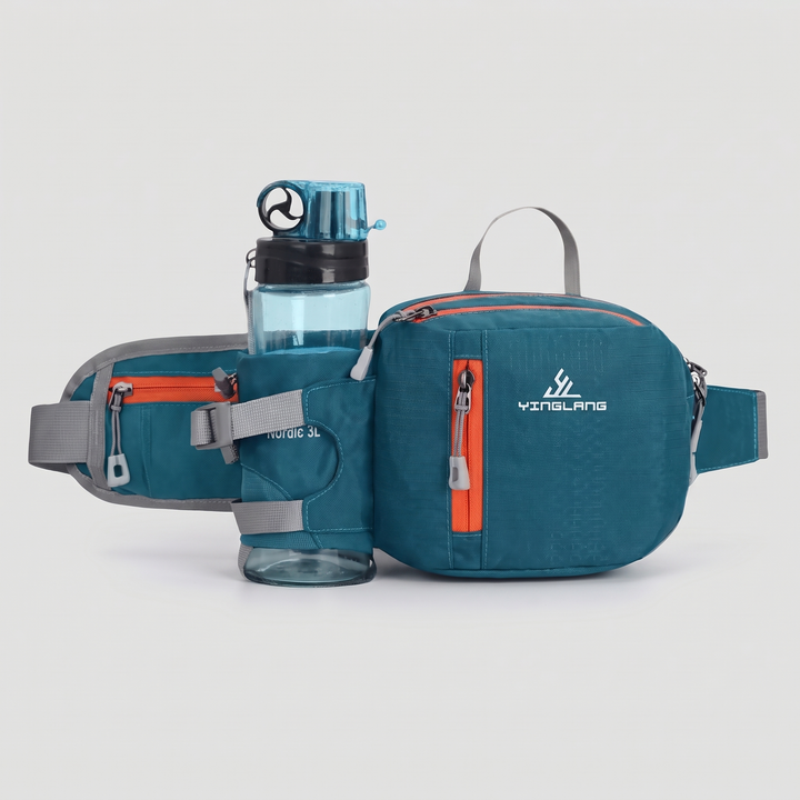 Dark blue waist pack with water bottle holder, front view (water bottle not included)